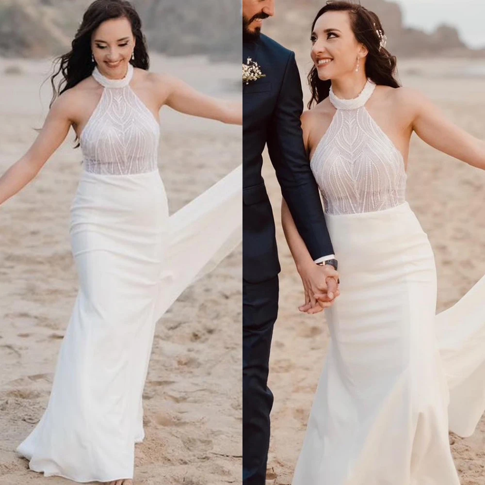 Customized Elegant White Jersey Wedding Dress Simple Strapless Halter Bridal Gowns Chapel Train Buttons Back Vestido De Novia