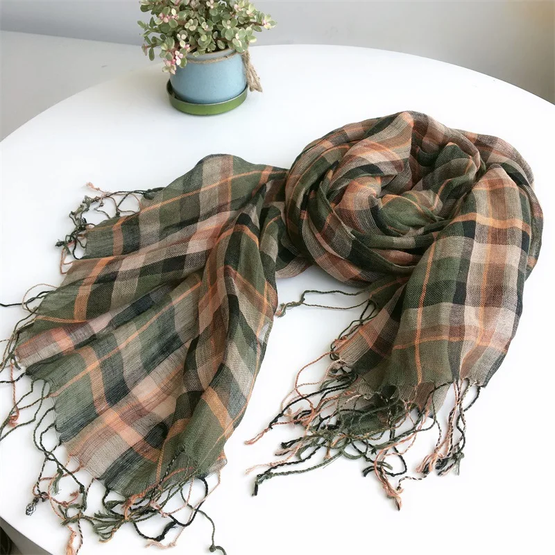 New Pure Linen Plaid Scarf Women Breathable Shawl Scarves