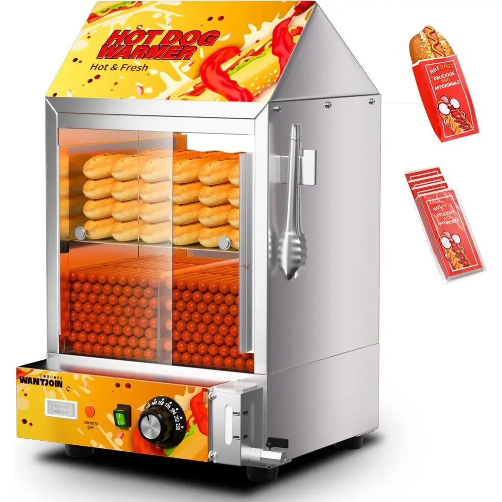 

Adjustable Temperature Electric Hot Dog Steamer with Bun Warmer, Visible Glass Sliding Door, Suitable for 175 Hot Dogs and 40 Bu