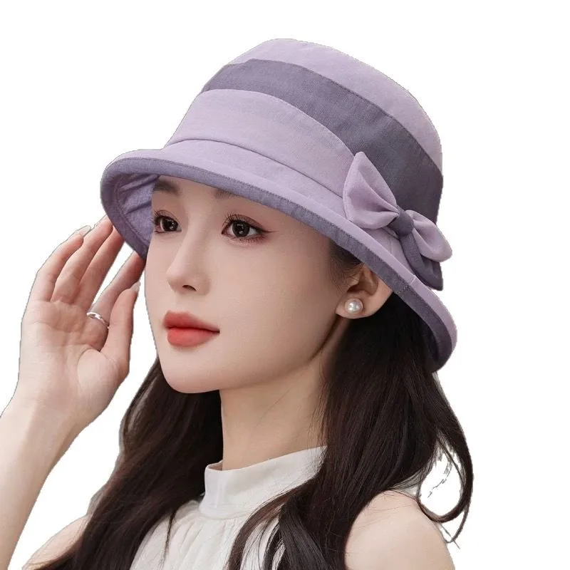 Hat Outdoor Breathable Lightweight Color-blocking Bow Sun Hat Middle-aged And Elderly Temperament Organza Bucket Hat Women