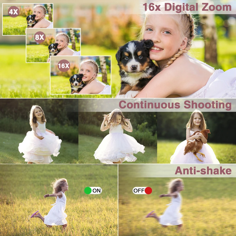 44MP Digital Camera, FHD 1080P Digital Camera for Kids with 32GB SD Card Anti Shake Portable Camera Small Camera for Teens, Pink