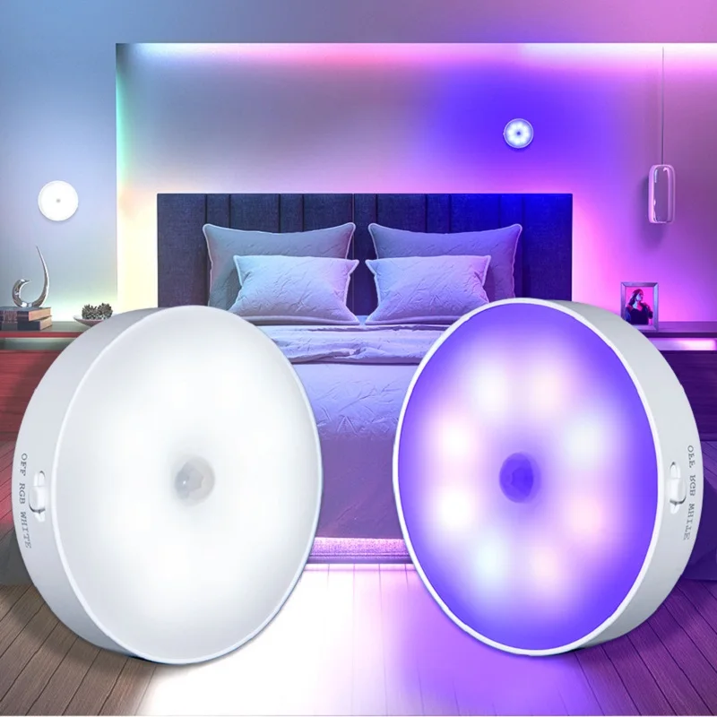 USB Rechargeable LED Night Light RGB 7 Color Motion Sensor Smart Cabinet Decor Lamp for Room Home Party Bar Atmosphere Light