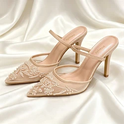 Luxury Mesh Embroidery High Heels Women Sexy Pointed Toe String Bead Slingback Heeled Sandals Summer Elegant Banquet Dress Shoes