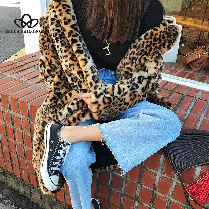 Fashionable All-match Lapel Leopard Print Faux Fur Coat Mid-length Coat Women\'s Long Sleeve