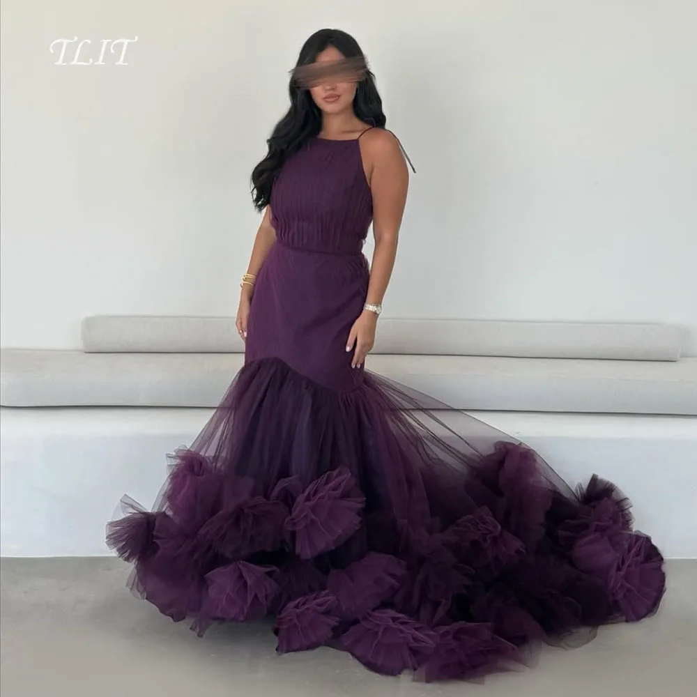 TLIT Elegantes tiefes lila Tüll-Abendkleid mit Neckholder, Ballkleider, Satin-Falten, Tüll, rückenfrei, maßgeschneidert, Vestidos de Fiesta