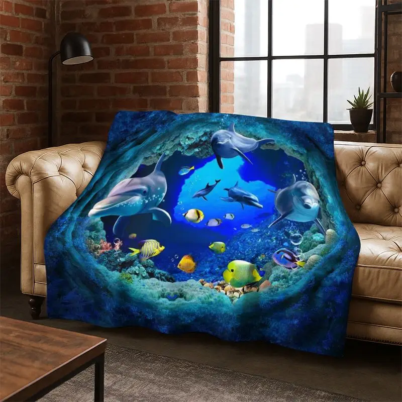 3D Illusion Underwater World Marine Life Shark Dolphin Cartoon Flannel Blanket Throw Blanket for Bedroom Living Room Bed Travel