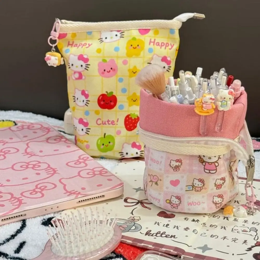 

Sanrio Hello Kitty Canvas Pen Holder Stationery Pouch Cosmetics Storage Bag Single Layer Zip Large Capacity Girl's Birthday Gift