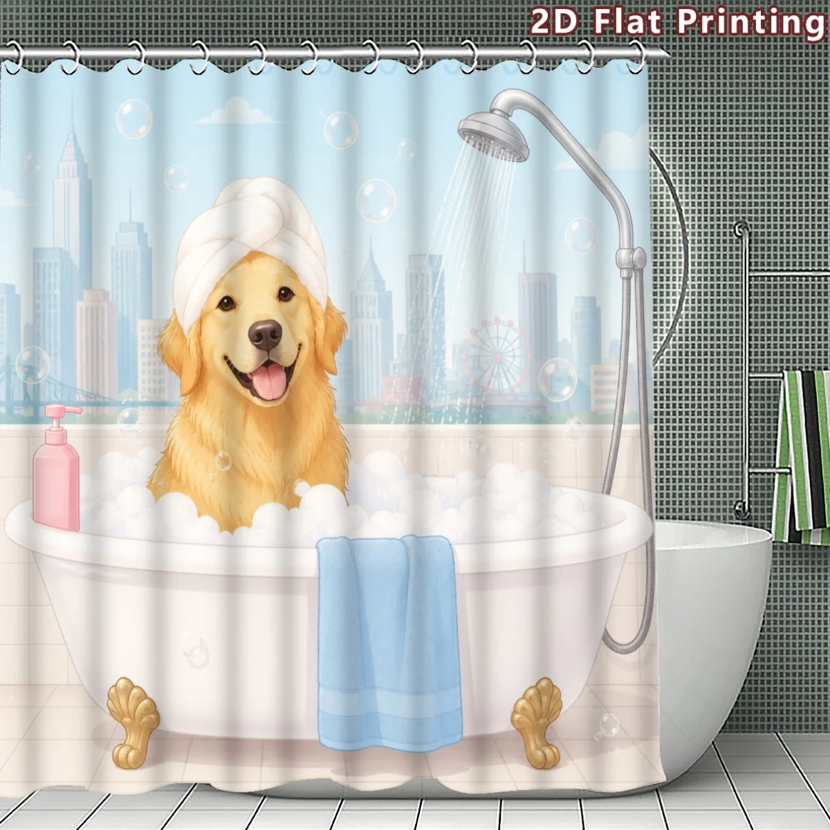 Cute Cartoon Golden Retriever Dog Bath Shower Curtain Waterproof Shower Liner for Pet Lovers Bathroom Home Decor Fun Puppy Polye