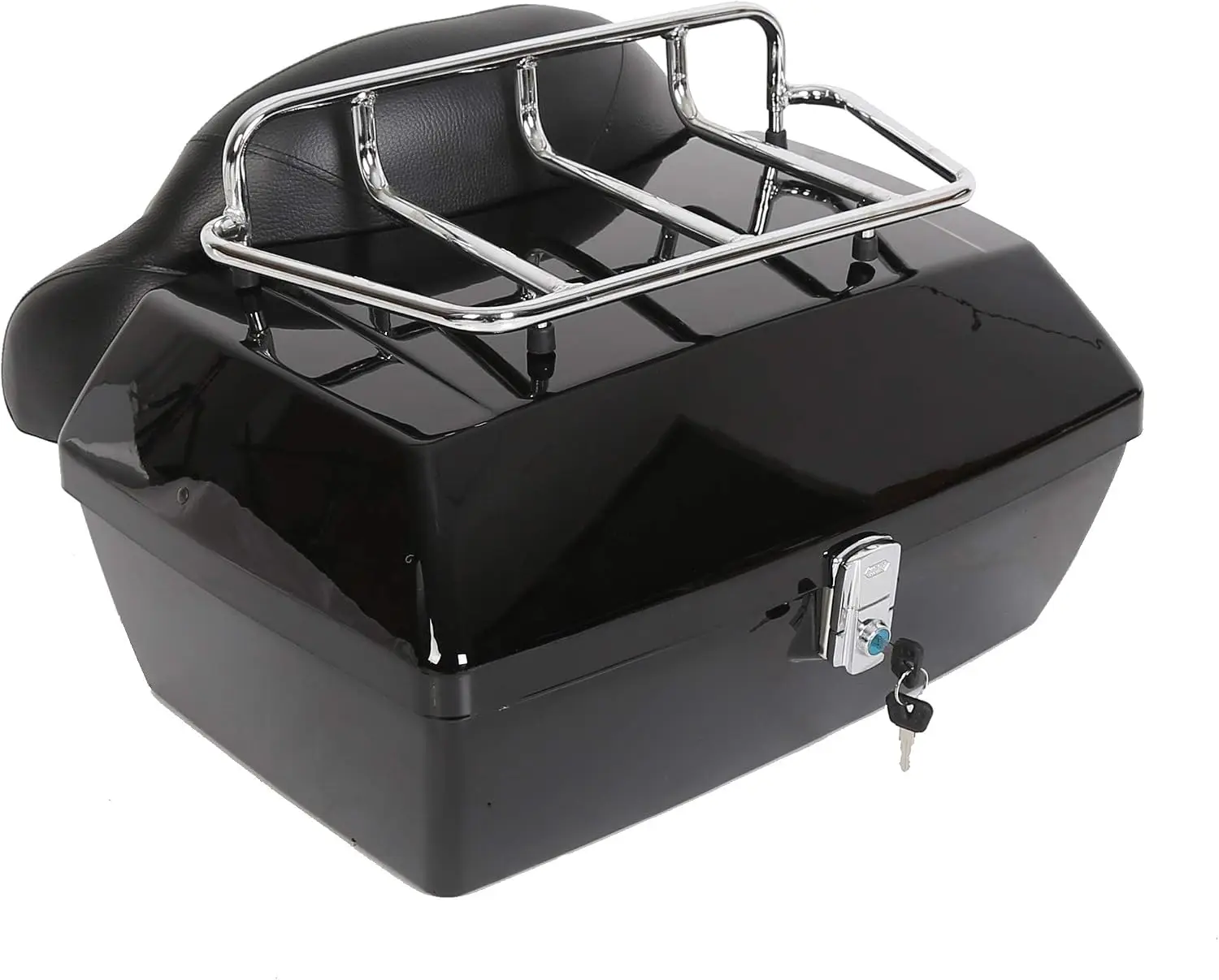 Black Motorcycle Luggage Trunk Compatible with Harley Honda Yamaha Suzuki Cruiser Tour Tail Box Top Rack Backrest