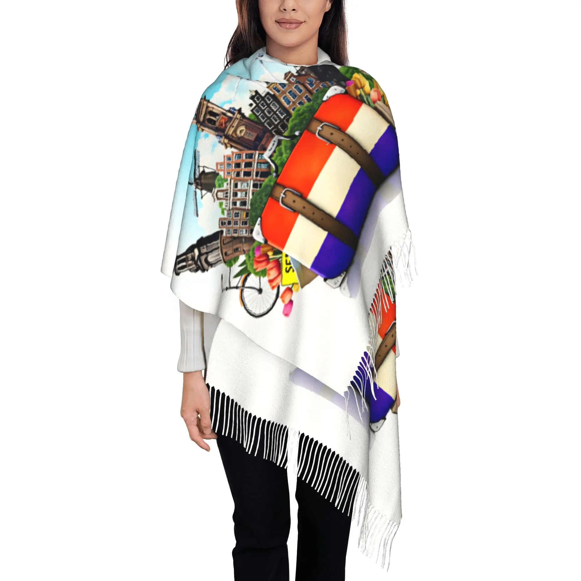 Custom Holland Amsterdam Landmark Retro Travel Suitcase Scarf Wrap for Women Long Winter Fall Warm Tassel Shawl Unisex  Scarves
