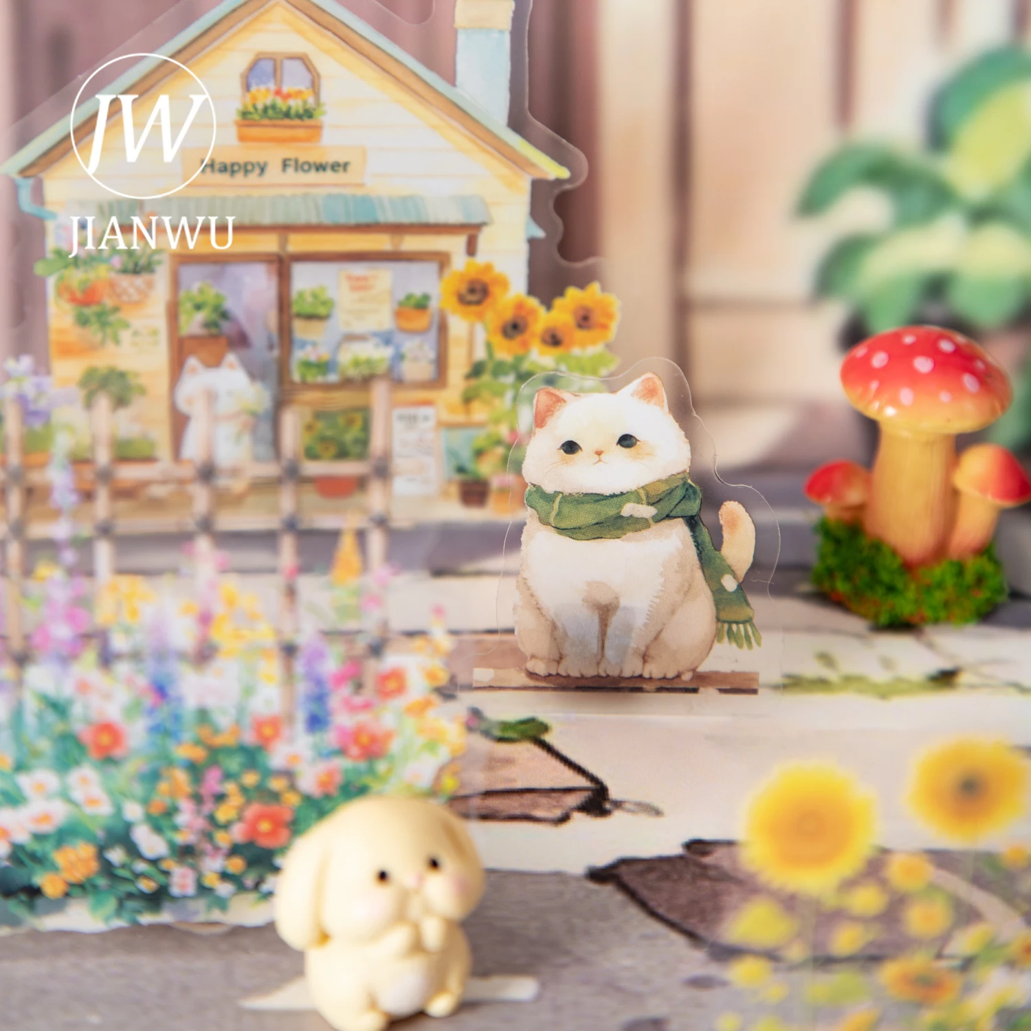JIANWU Animal Store Street Series Kawaii Flower Animal Landscape Material Collage PET Sticker Creative DIY Journal Stationery