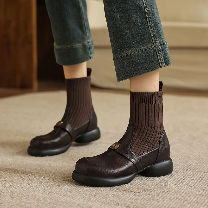 New Autumn Winter Women Brown Boots Single Shoes for Women Round Toe Fashion Sock Shoes Boots Chunky Heel Boots