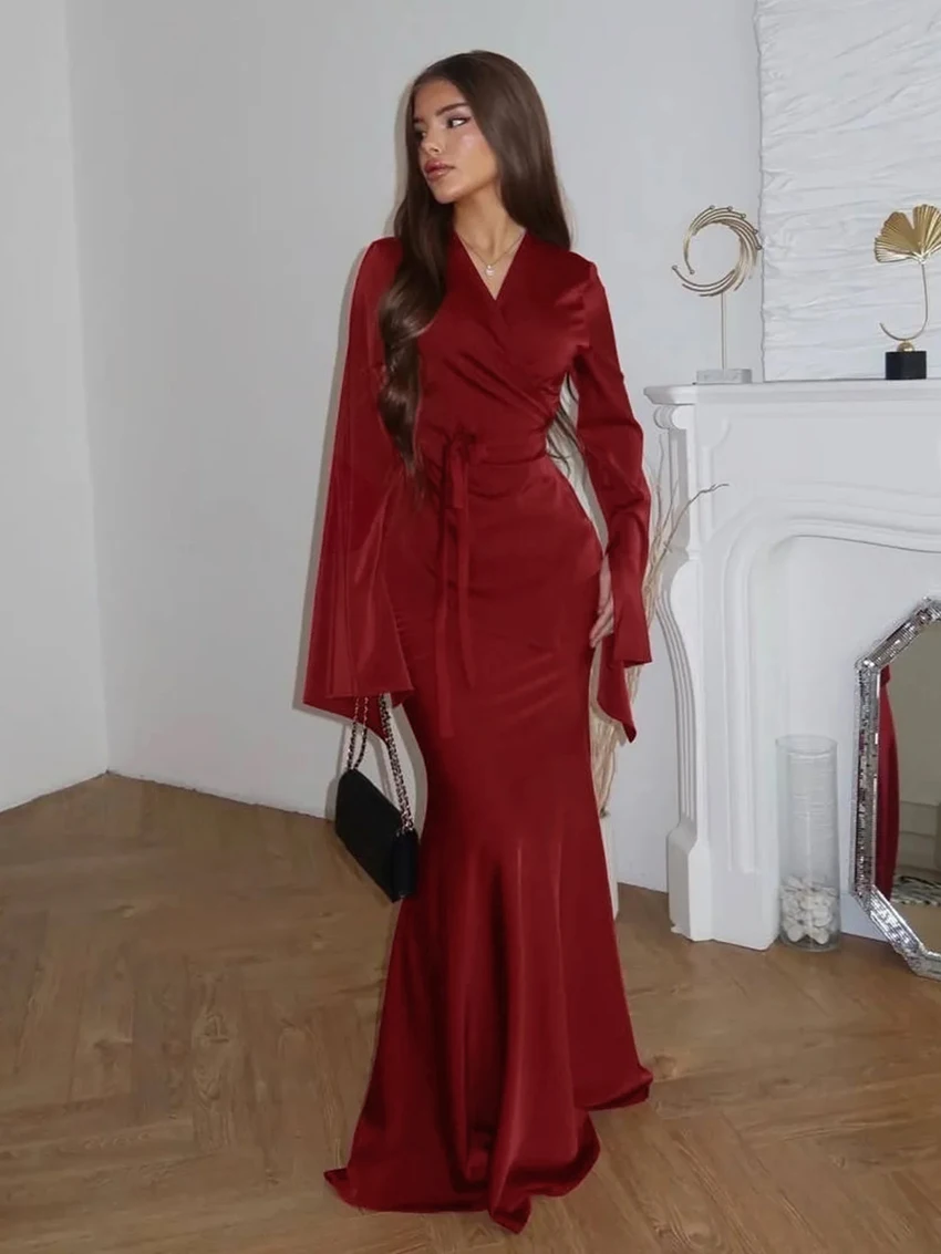 Marthaqiqi Fashion Ladies Nightwear Suit V-Neck Pajamas Long Sleeve Sleepwear Lace Up Nightie Long Skirts Women'S Nightgowns Set
