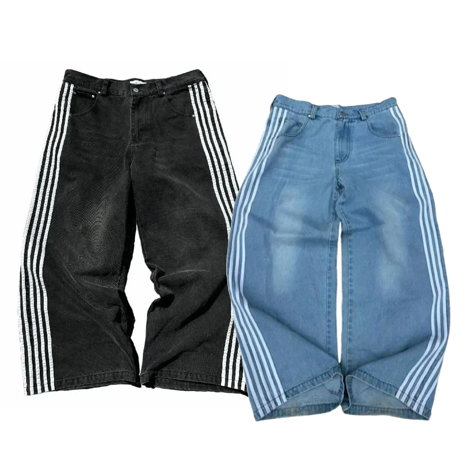Sommer Herren Jeanshose mit weitem Bein, lässig, Streifendruck, lockere Jeanshose für Streetwear, lässig, bequem