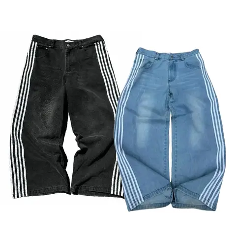 गर्मियों में पुरुषों के लिए चौड़े पैरों वाली डेनिम पैंट, कैज़ुअल स्ट्राइप प्रिंट वाली ढीली जींस, स्ट्रीटवियर के लिए कैज़ुअल, आरामदायक 8 best sales पुरुषों की जींस - №5