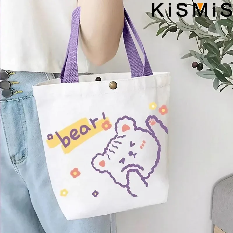 

KISIMIS Women Mini Cotton Canvas Handbag Cute Bear Small Simple Tote Bags Shopping Bag Lovely Decoration Purse Lunch Bag