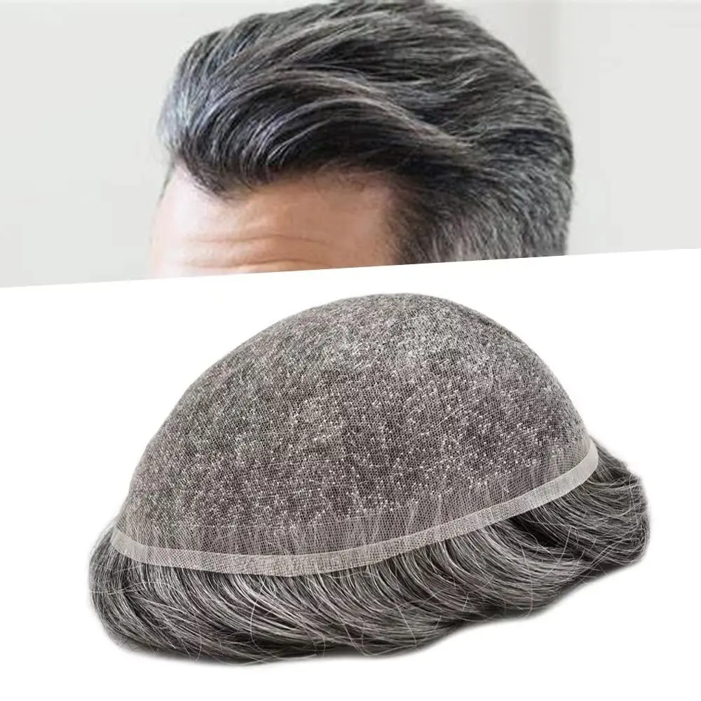 

Glueless 8x10 Transparent Lace Hair System - #1B60 Salt Pepper European Human Hair, Undetectable Replacement for Men