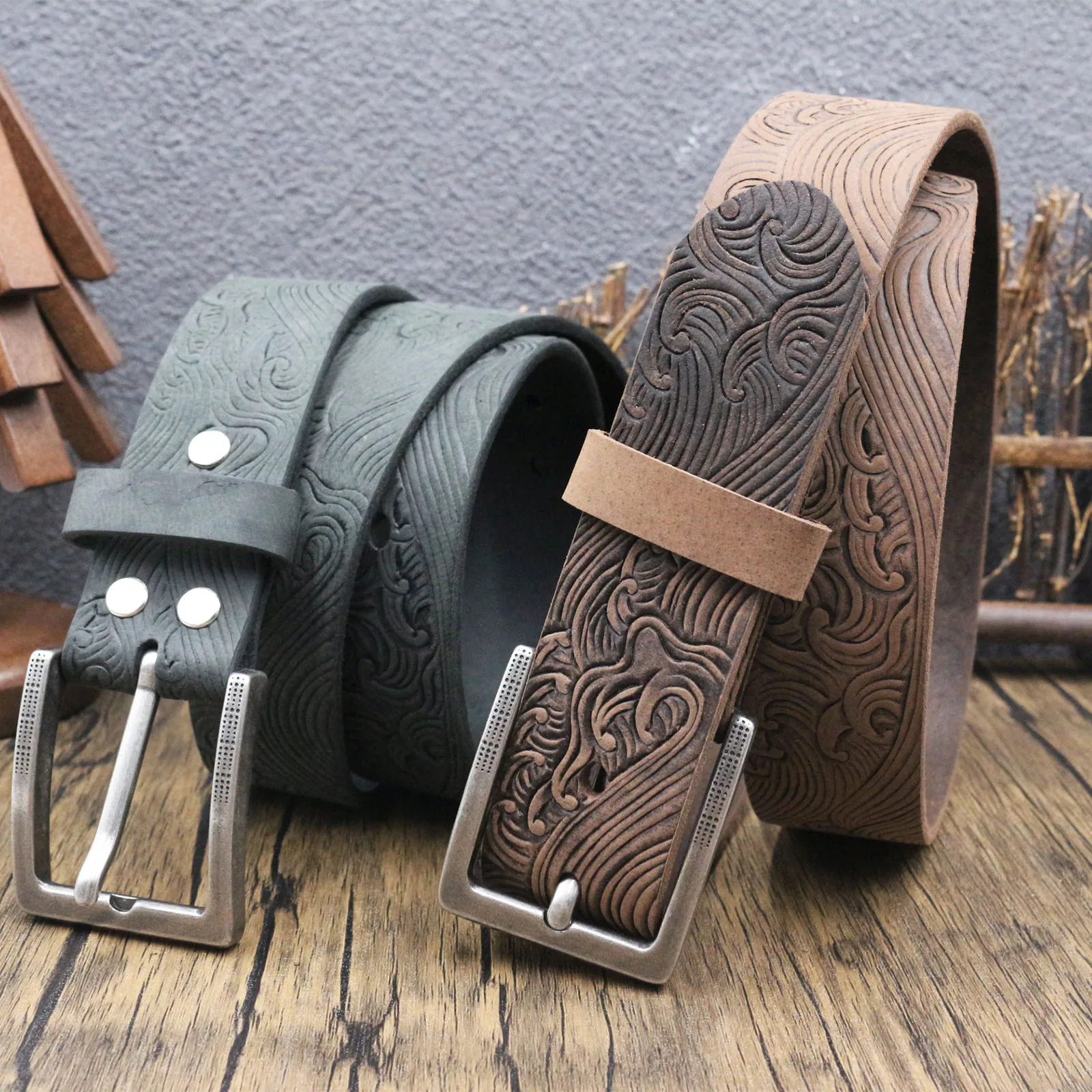 Artisan Tooled Full Grain Leather Belt for Men, Traditional Ocean Wave Cloud Pattern Embossed Cowhide Belt