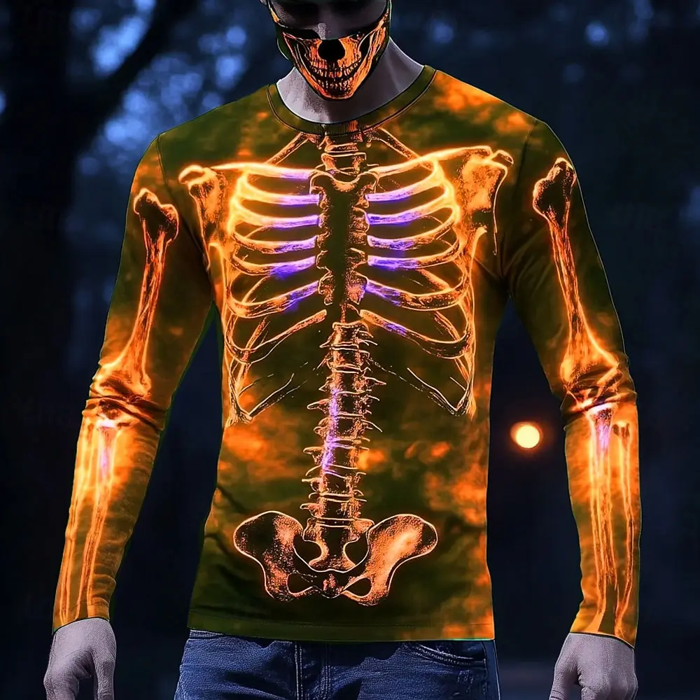 Halloween Skeleton Prints Long Sleeve T-Shirts for Men Gothic Trendy Streetwear Casual Tops Halloween Party Tee 2025 Fall Winter