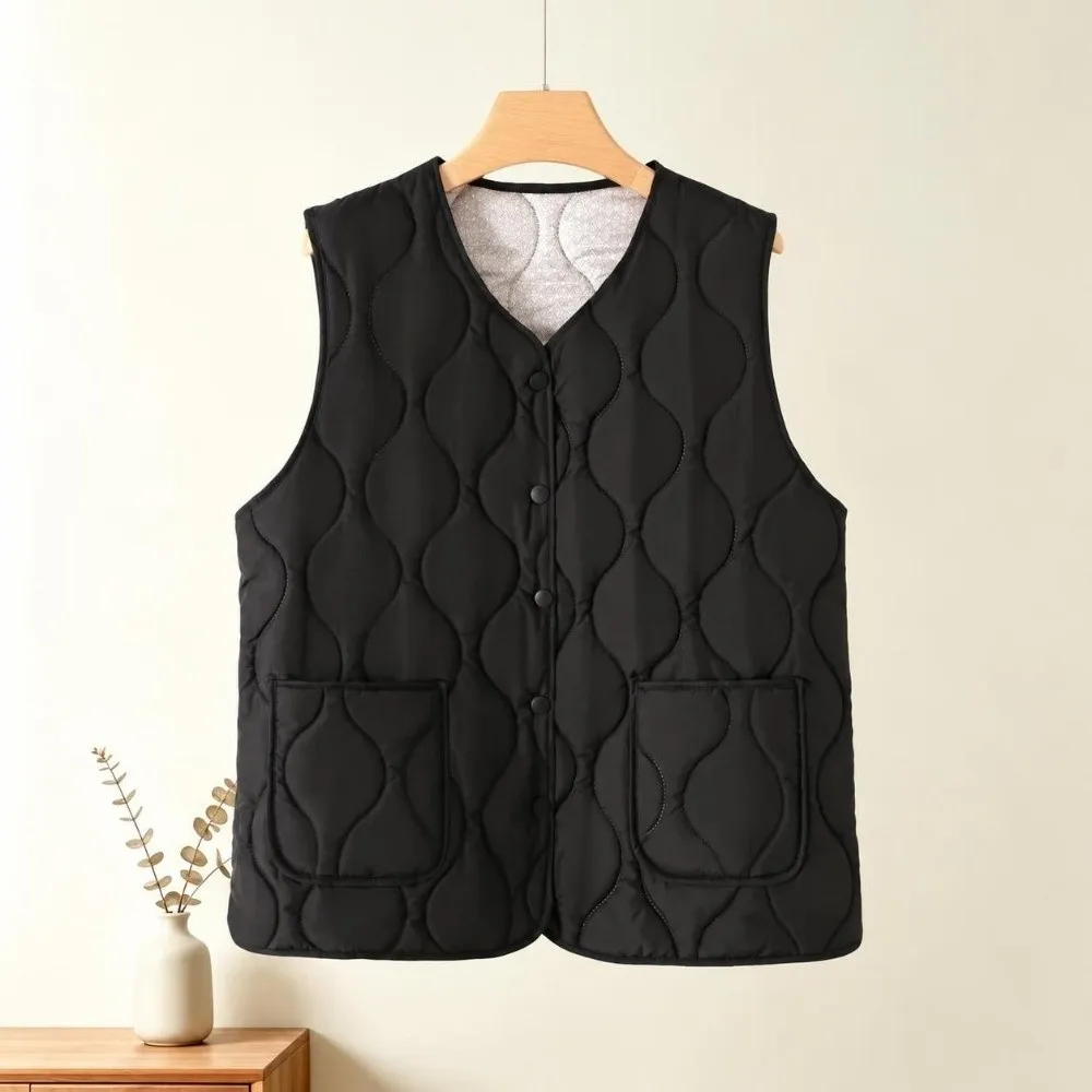 Loose Fit Snap Button Women's Vest Warm Cotton Fill Plus Size Cotton Vest Sleeveless Loose Waistcoat Casual Daily Wear