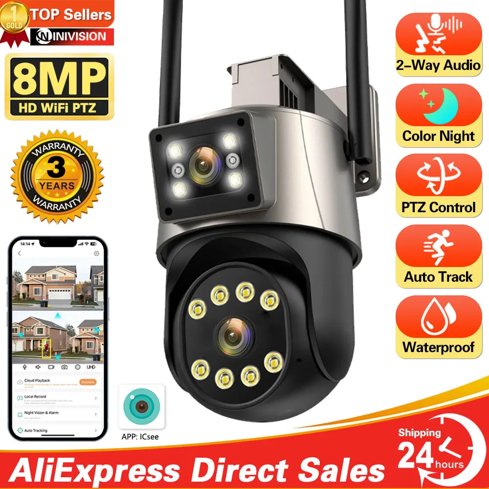 

8MP 4K HD Dual Lens Wifi Camera IP66 Security Protection 4MP Wireless Outdoor Human Detection Video Surveillance PTZ ICSee