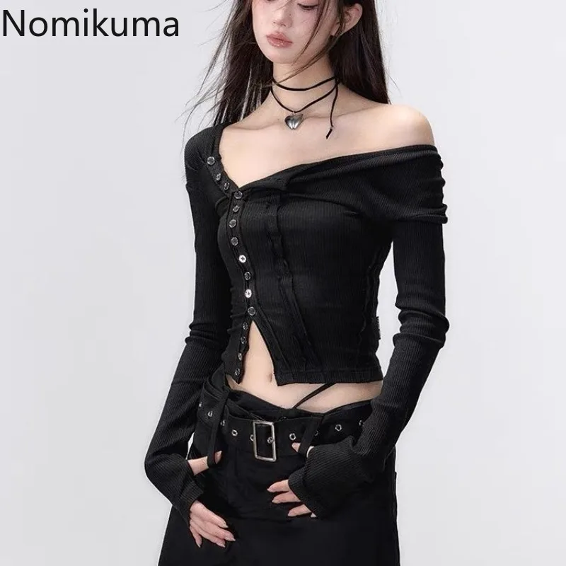 Black Tshirts Women Clothes Long Sleeve Slash Neck Tunic Tees 2024 Ropa Mujer Single Breasted Sexy Korean Y2k T Shirt Ropa Mujer