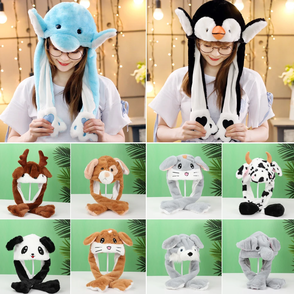 Women Girls Soft Warm Rabbit Pinch Airbag Animals Ear Hat Plush Funny Cap