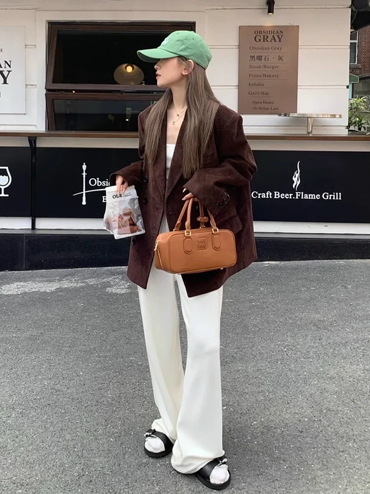 2024 Fashionable Coffee Color Double-breasted Vintage Corduroy Blazers for Autumn and Winter Loose Coats Jacket For Women Suit