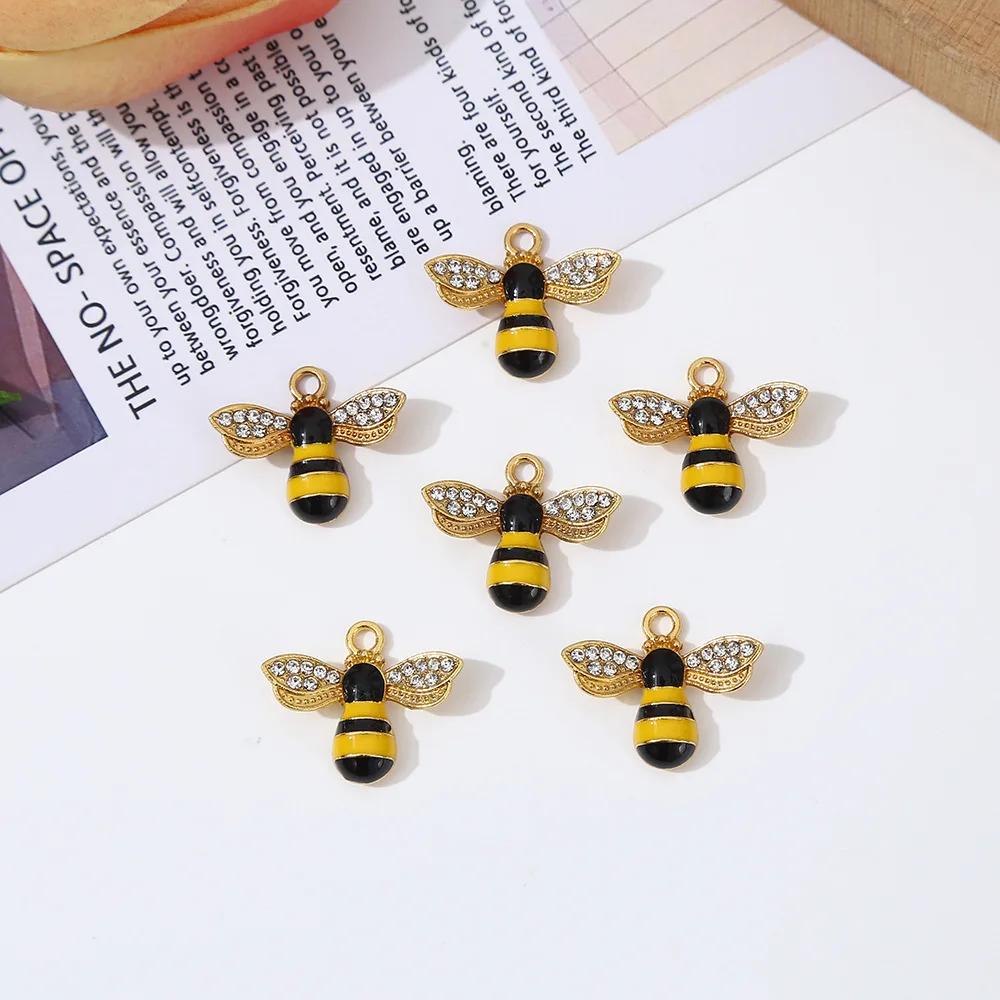 Trendy 10pcs Cute Animal Bee Charms Pendants For Jewelry Making Alloy Enamel Crystal Animal Charms DIY Accessories