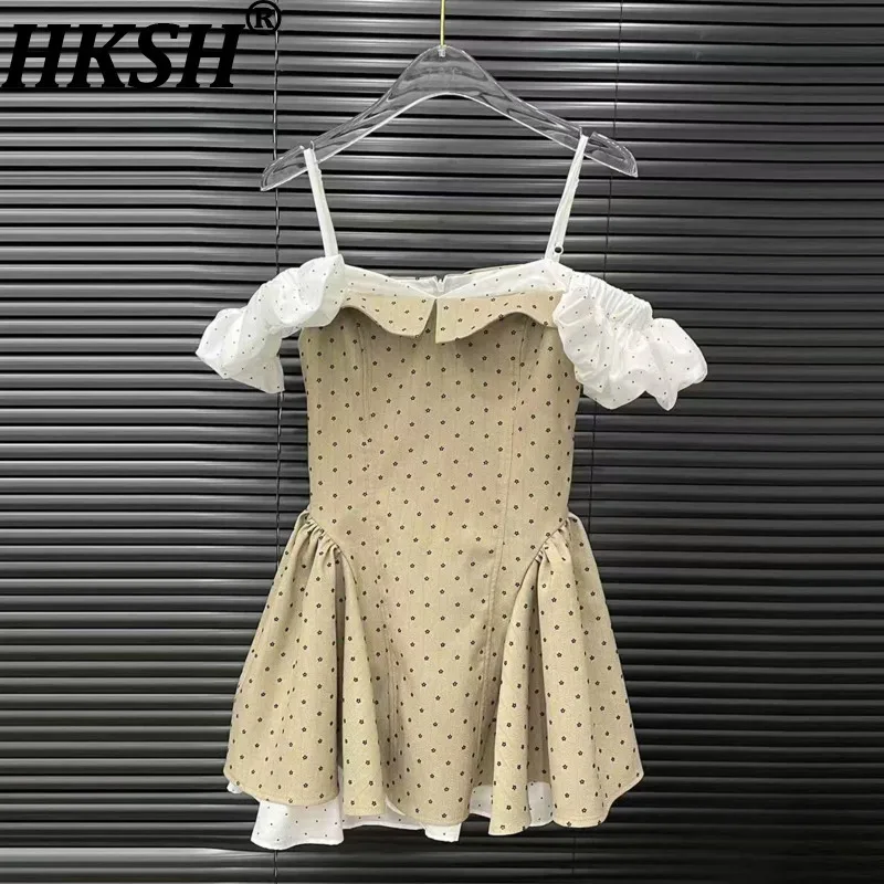 

HKSH Summer New Women's Streetwear Vintage Ins Trendy Sweet Sexy Printed Pleated Patchwork Off-Shoulder Strap Short Dress HK7416