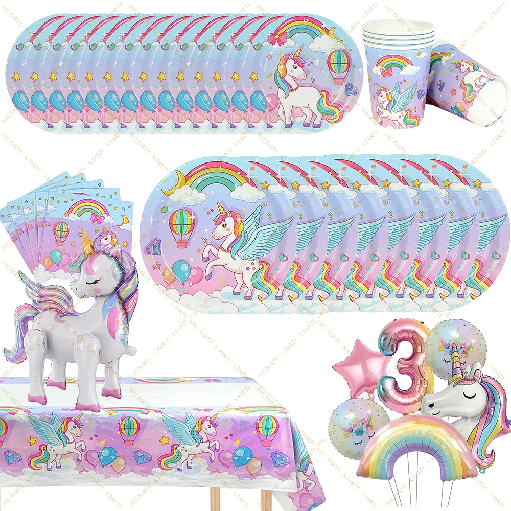 Rainbow Unicorn Birthday Decoration Party Supplie Cartoon Plate Cup Tablecloth Cute Balloon Birthday Party Favor Baby Shower