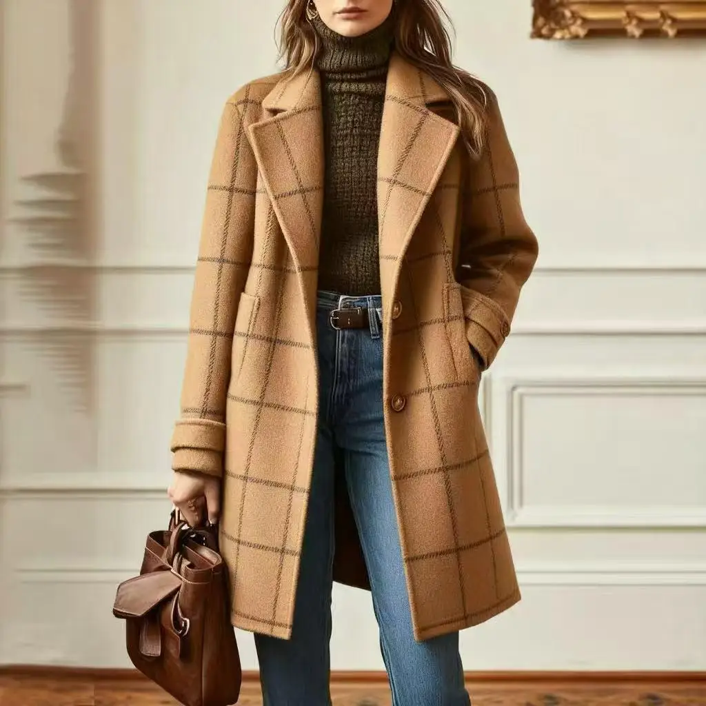 Retro Women's Plaid Coat Long Sleeve Fashion Button Pocket Fashion Simple Lapel Extra Long French Trench for Female