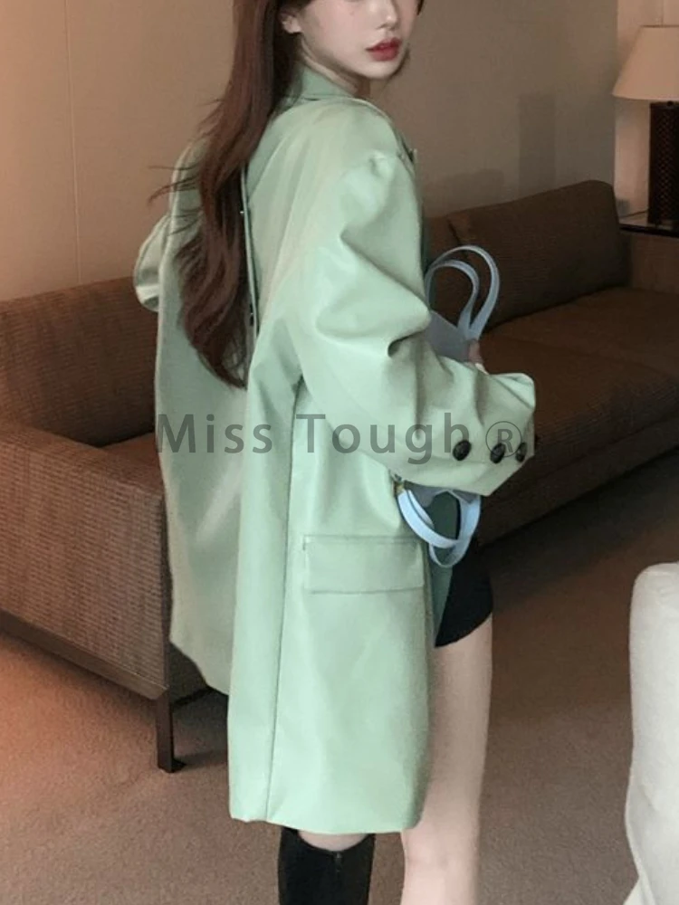 Autumn New Splicing Fake Two Leather Suit Jacket Female Korean Version Chi Long Loose Clothing Women Green V-neck Simple Coat