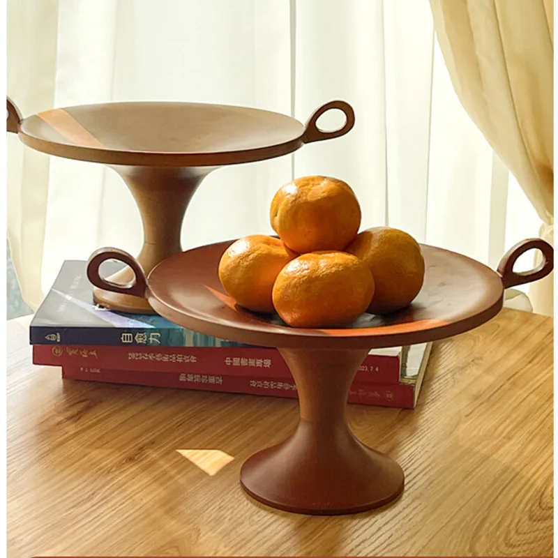 

Middle Ancient Style Fruit Tray Solid Wood High Foot Jewelry Storage Multifunctional Snack Plate Double Ear Handle Art Ornaments