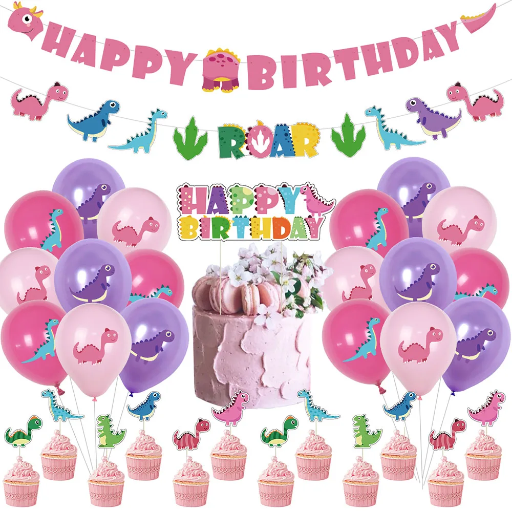 Pink Dinosaur Birthday Party Balloons Banner Cake Topper Jurassic World Dino Roar Birthday Girl Party Decorations Baby Shower