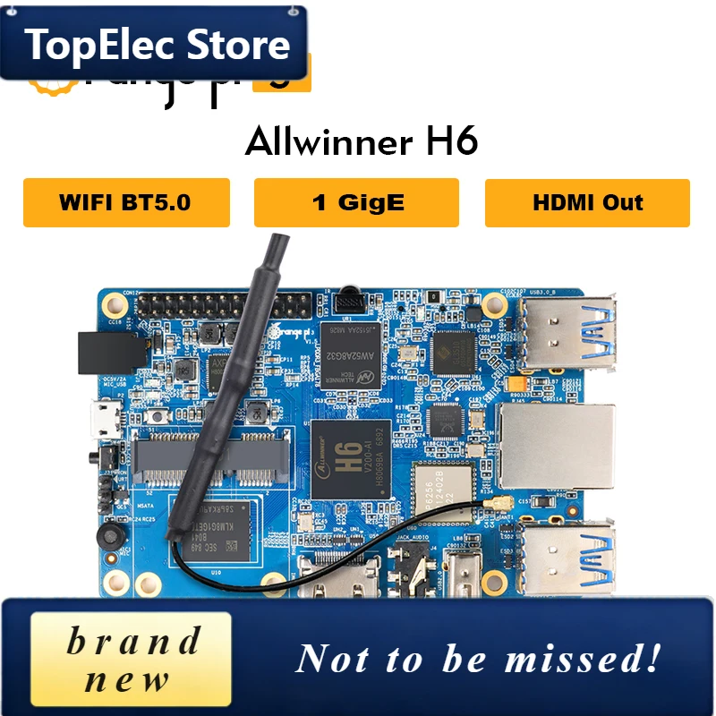 TopElec Orange Pi 3 2GB RAM 8GB EMMC Flash Development Board WiFi+BT5.0 Allwinner H6 SoC Single Board Computer Gbps Ethernet HDM