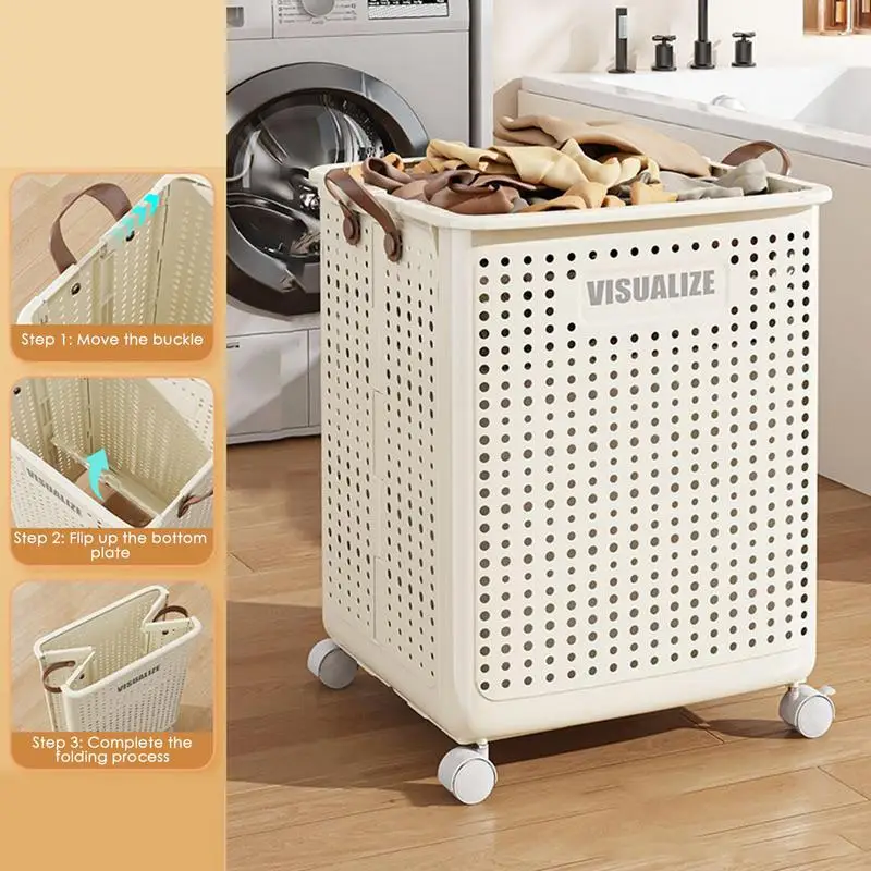 

Rolling Laundry Basket Foldable Ventilated Rolling Hampers For Laundry Multifunction Storage Smooth-Gliding Clothes Hamper With