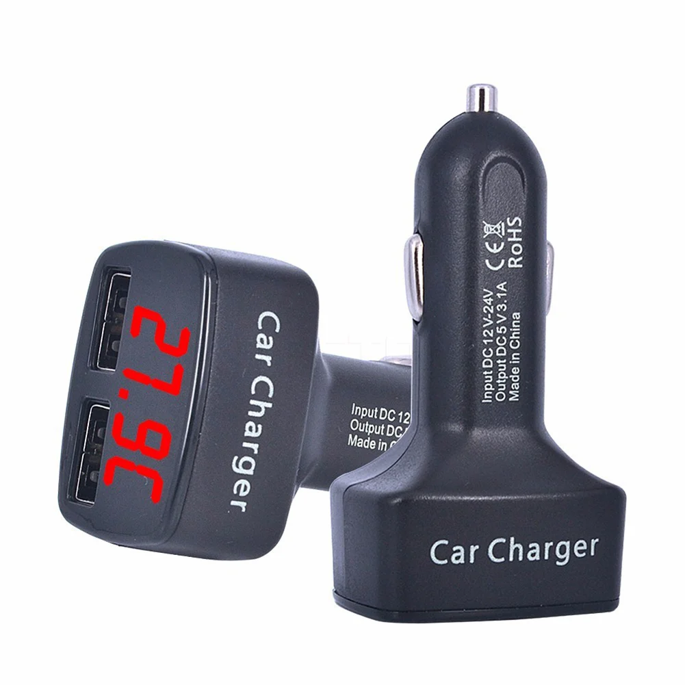 Car Charger For Cigarette Lighter Smart Phone USB Adapter Mobile Phone Charger Dual USB Digital Display Voltmeter Fast Charging