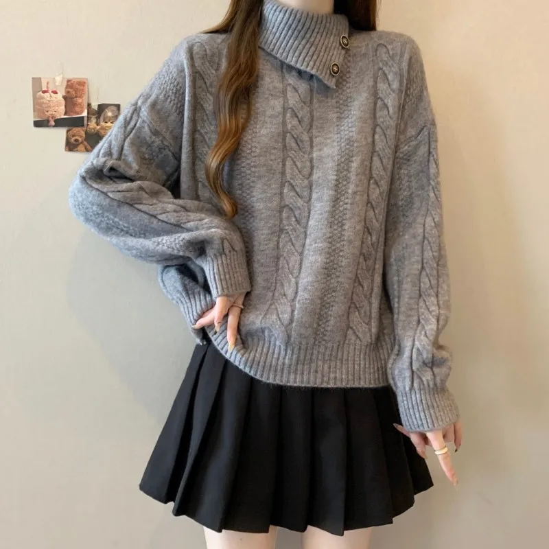 

Korean Gray High Neck Pullover Knitted Sweater Women's Autumn and Winter Thick Women's Top
