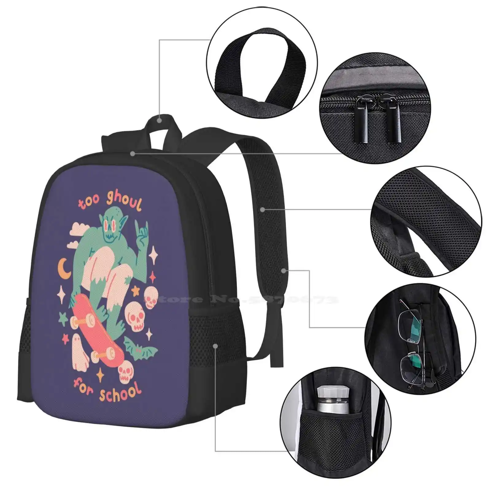 Too Ghoul For School Borse da scuola per ragazze adolescenti Borse da viaggio per laptop Ghouls Halloween Zombies Goblins Cute Funny Bat Crypt
