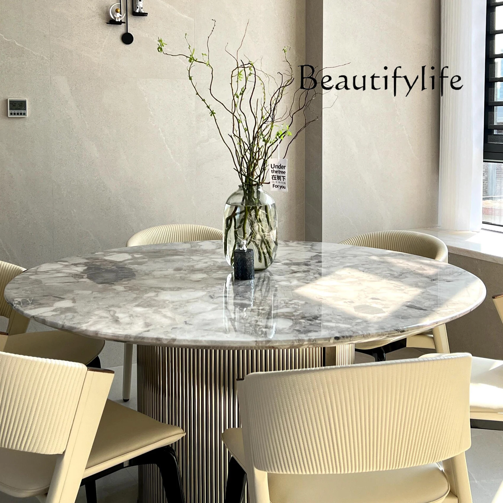 Natural Oreo gray marble dining table high-end villa large flat luxury stone round dining table