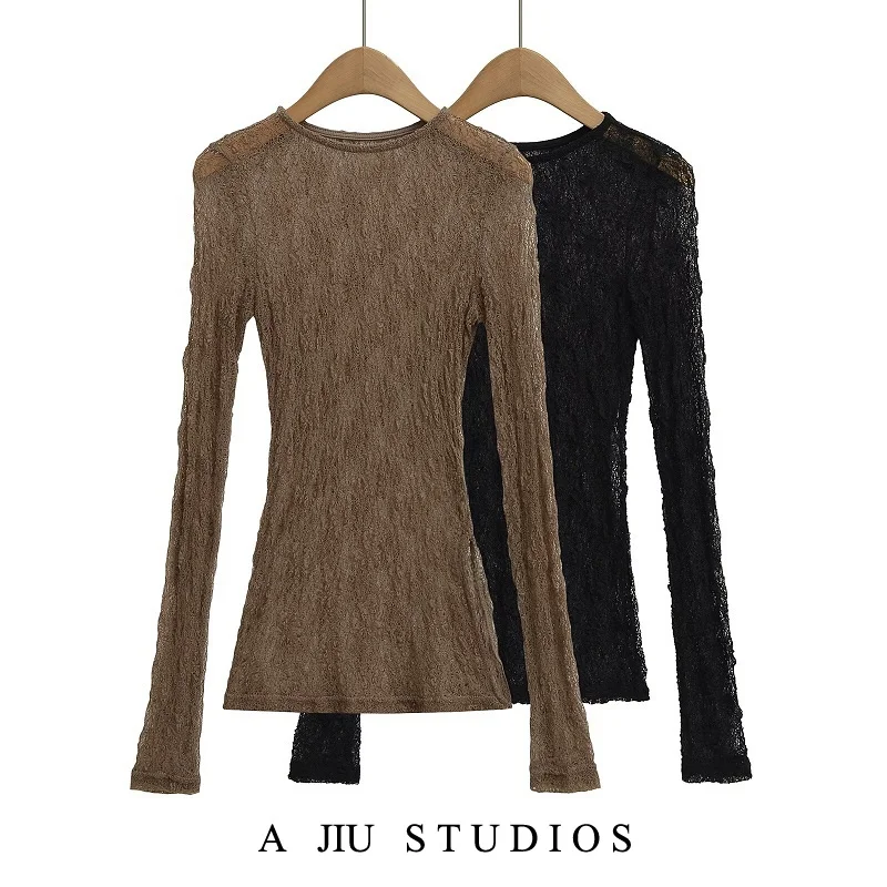 

Сексуальная кружевная полая длинная футболка све, женская легкая утягивающая универсальная футболка с базовым слоем, летняя уличная круглая футболка Ne