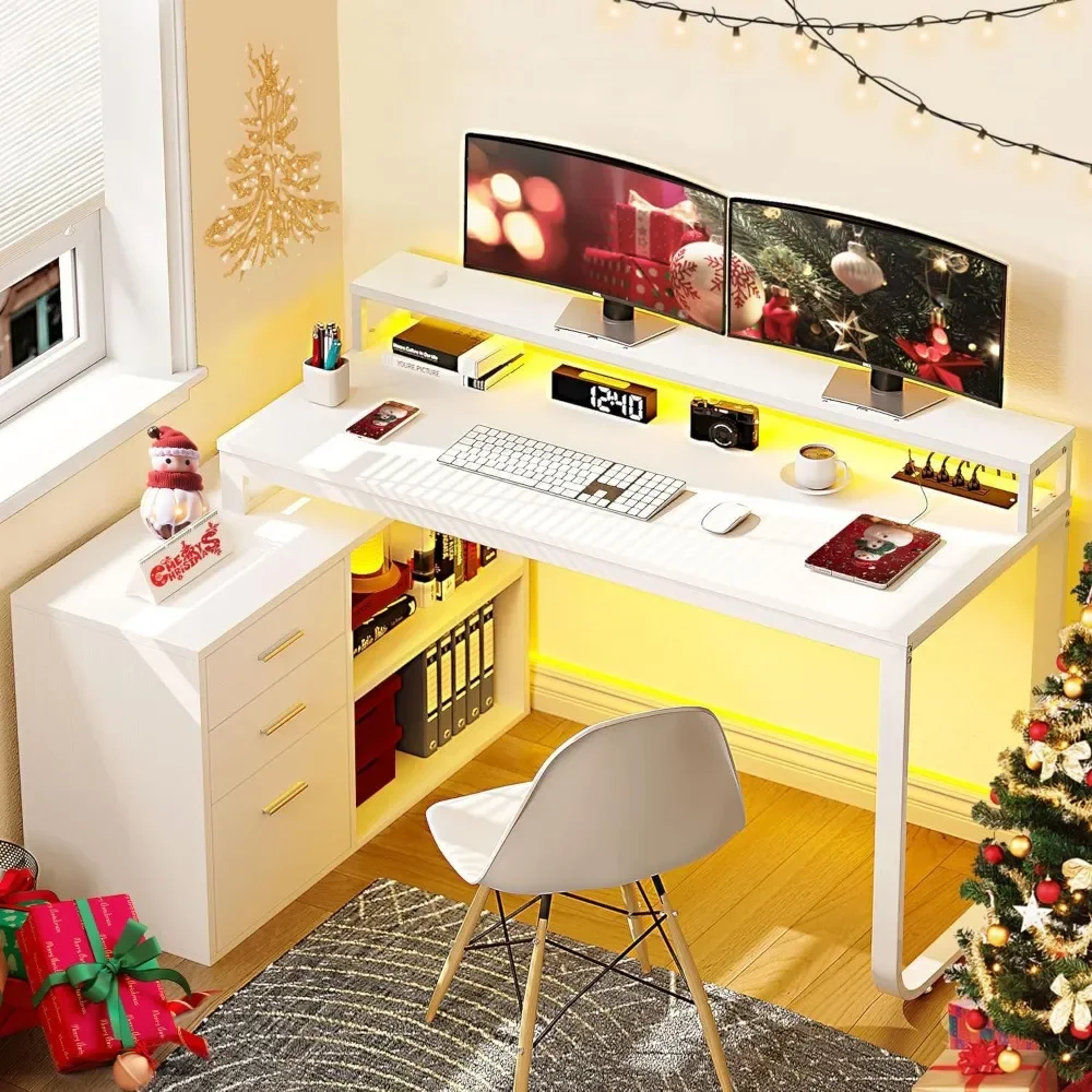 

L Shaped Desk with Drawers, Power Outlets, LED Lights & File Cabinet for Home Office, White, Computer Desk