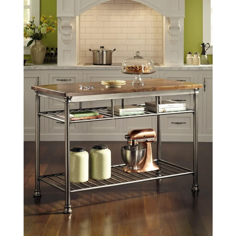 52-Inch Wide Kitchen Island with Wooden Butcher Block Countertop