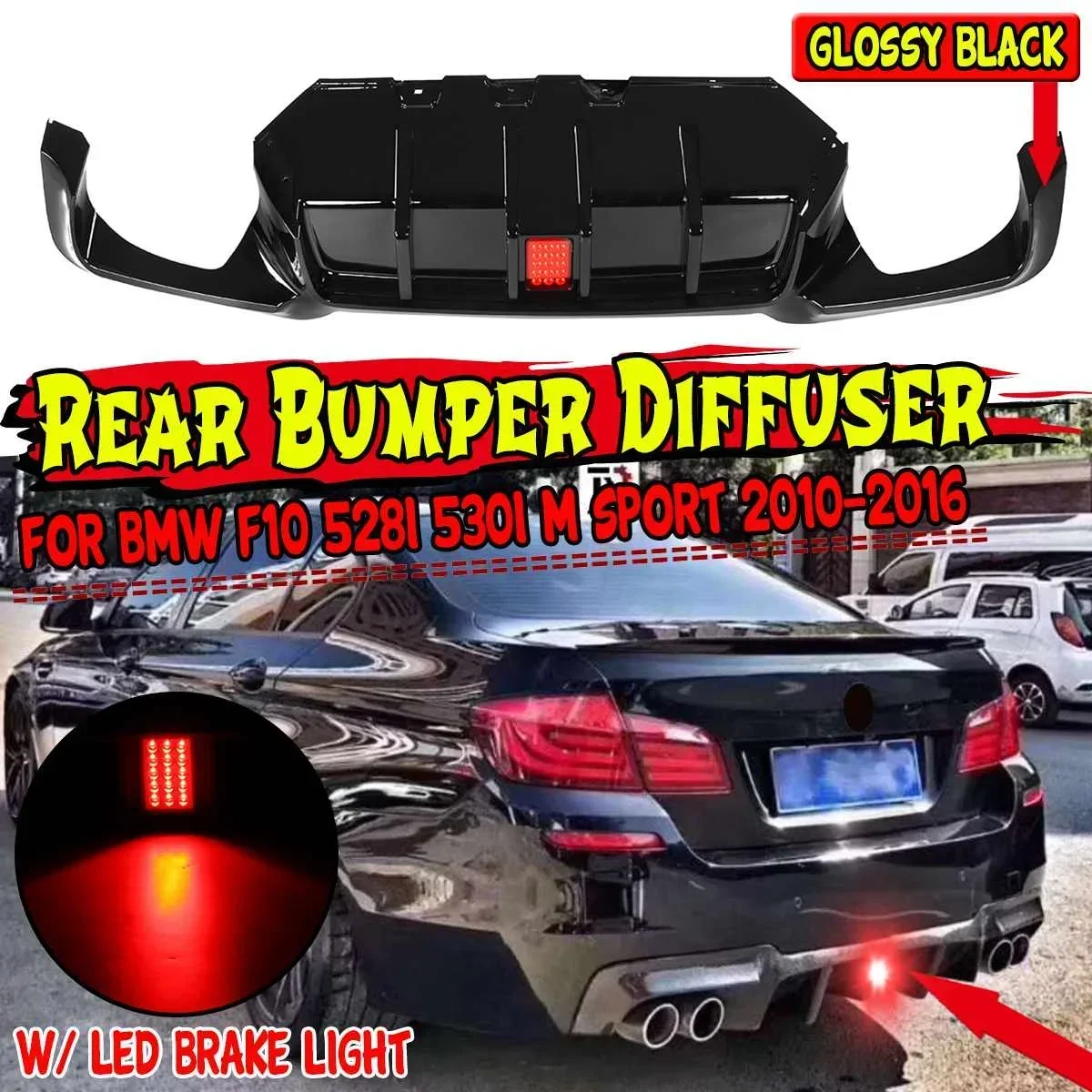 High Quality Car Rear Bumper Splitter Lip Diffuser Guard W/ Led Brake Light For BMW F10 528i 530i M Sport 2010-2016 Body Kit