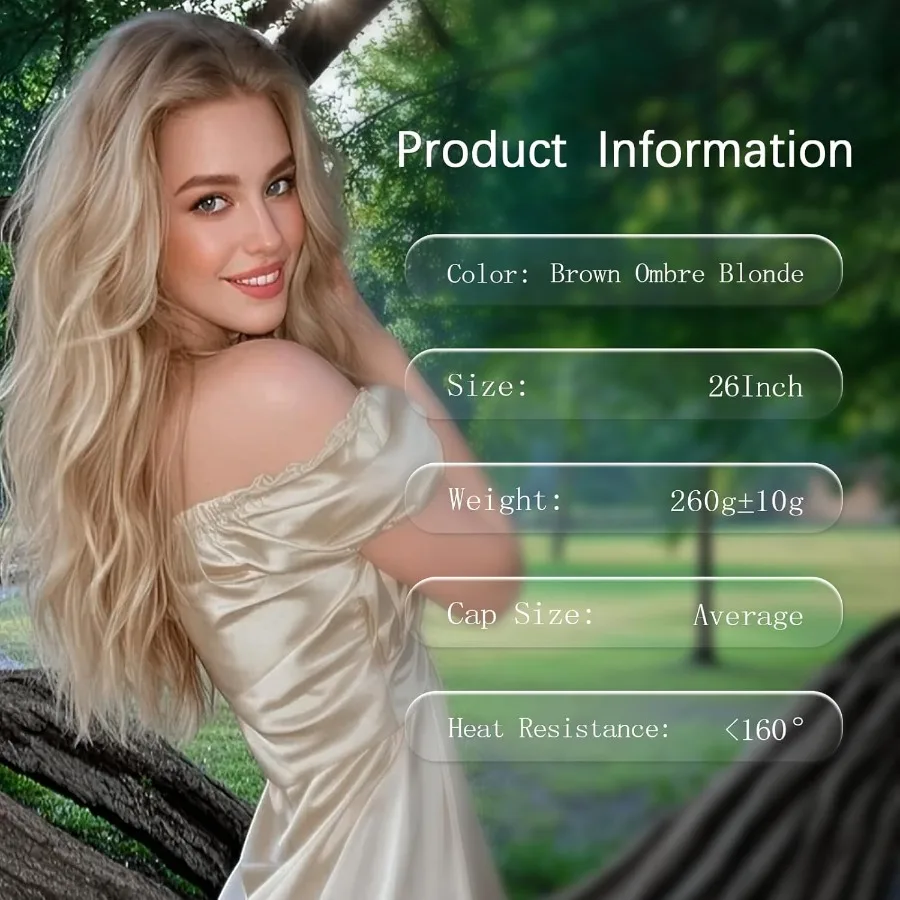 Długa Brązowa Peruka Ombre Blond Falowana dla Kobiet 66 cm z Przedziałkiem na Środku Kręcona Falowana Peruka Naturalnie Wyglądająca Syntetyczna Odporna na Ciepło