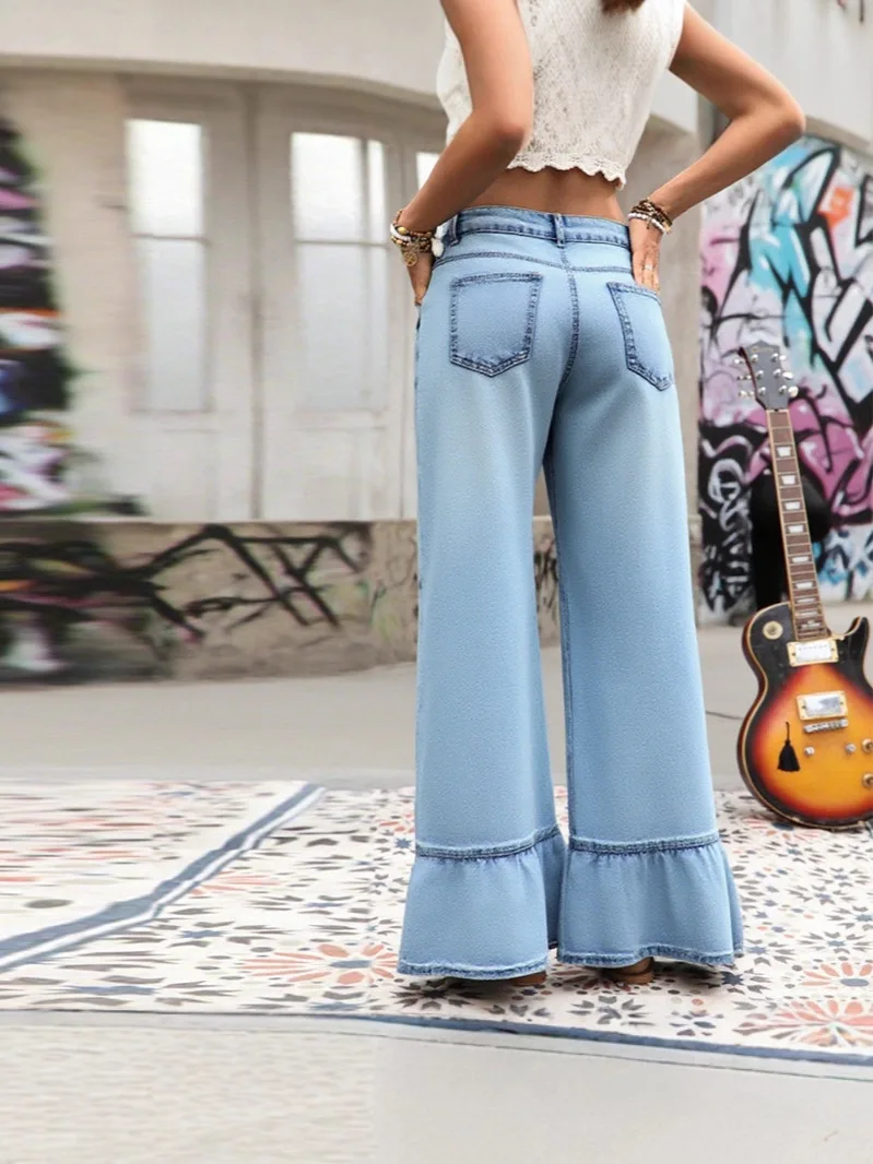 

Women's Light Blue Ruffle Hem Wide Leg Jeans High Waisted Flared Denim Pants with Ruffled Cuffs Loose Fit Trousers for Casual