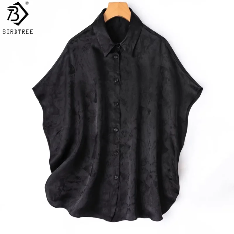 

Birdtree, 100% Silk Jacquard Blouse, Lapel Batwing Sleeve Black Tops, Women's Loose Plain Satin Shirt, 2026 Spring New T64139JF