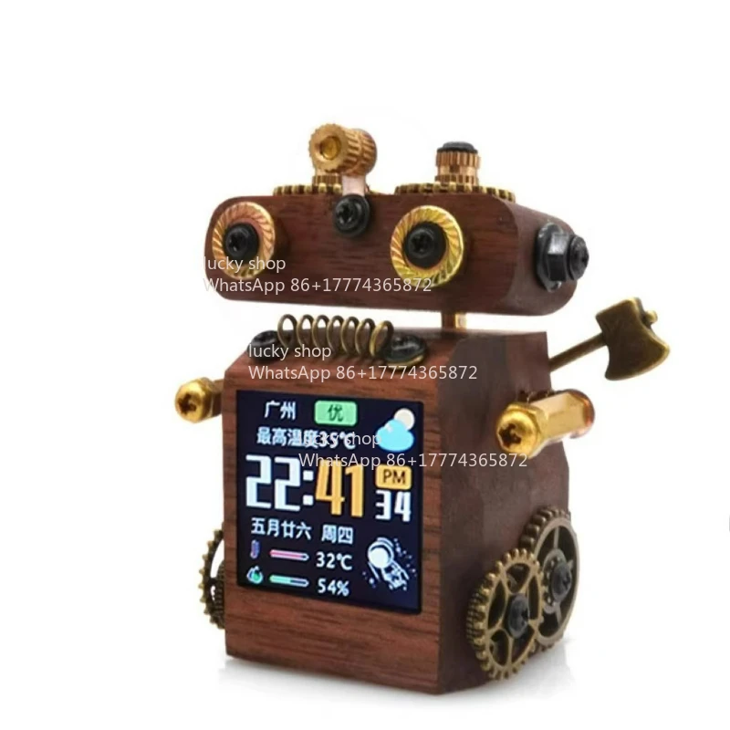 

Smart Weather Forecast Clock Ornament Punk Robot Technology Table with Color Screen Electronic Stock Album Wooden Gift