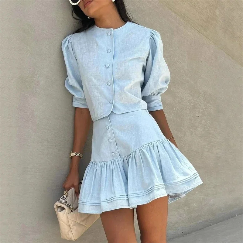 

Fresh Retro Women's Cotton And Linen 2-piece Set European And American Sweet Style Bubble Sleeves Short Jacket Short Skirt